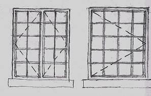 A hand-drawn architectural sketch showing two window elevations with grid patterns and dashed lines indicating glazing bars.