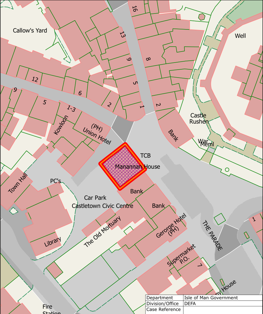 A site location map highlighting 'Manannan House' with a red boundary in the town of Castletown. The map details surrounding streets, buildings like the Union Hotel, and includes a government department footer.