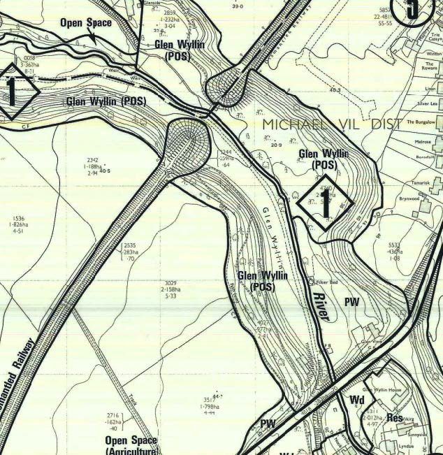 A topographical site plan showing the Glen Wyllin River, railway lines, and contour lines indicating the terrain.