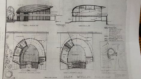 Architectural elevations and cross-sections of a curved camping pod or cabin structure, showing interior layout and exterior form.