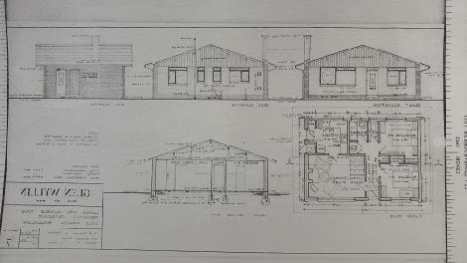 Architectural drawing displaying multiple elevations and a detailed floor plan of a building structure, likely a cabin or facility extension.