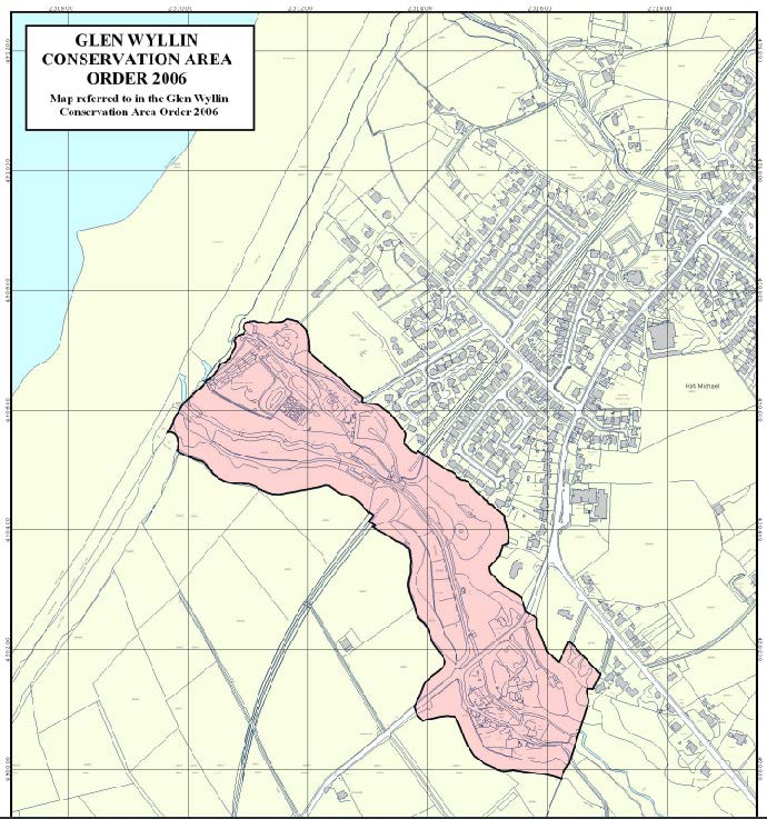 A map displaying the boundary of the Glen Wyllin Conservation Area Order 2006, highlighted in pink over an Ordnance Survey base map.