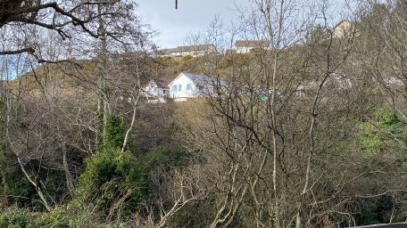 A photograph showing a hillside with several white houses visible through bare trees and vegetation.
