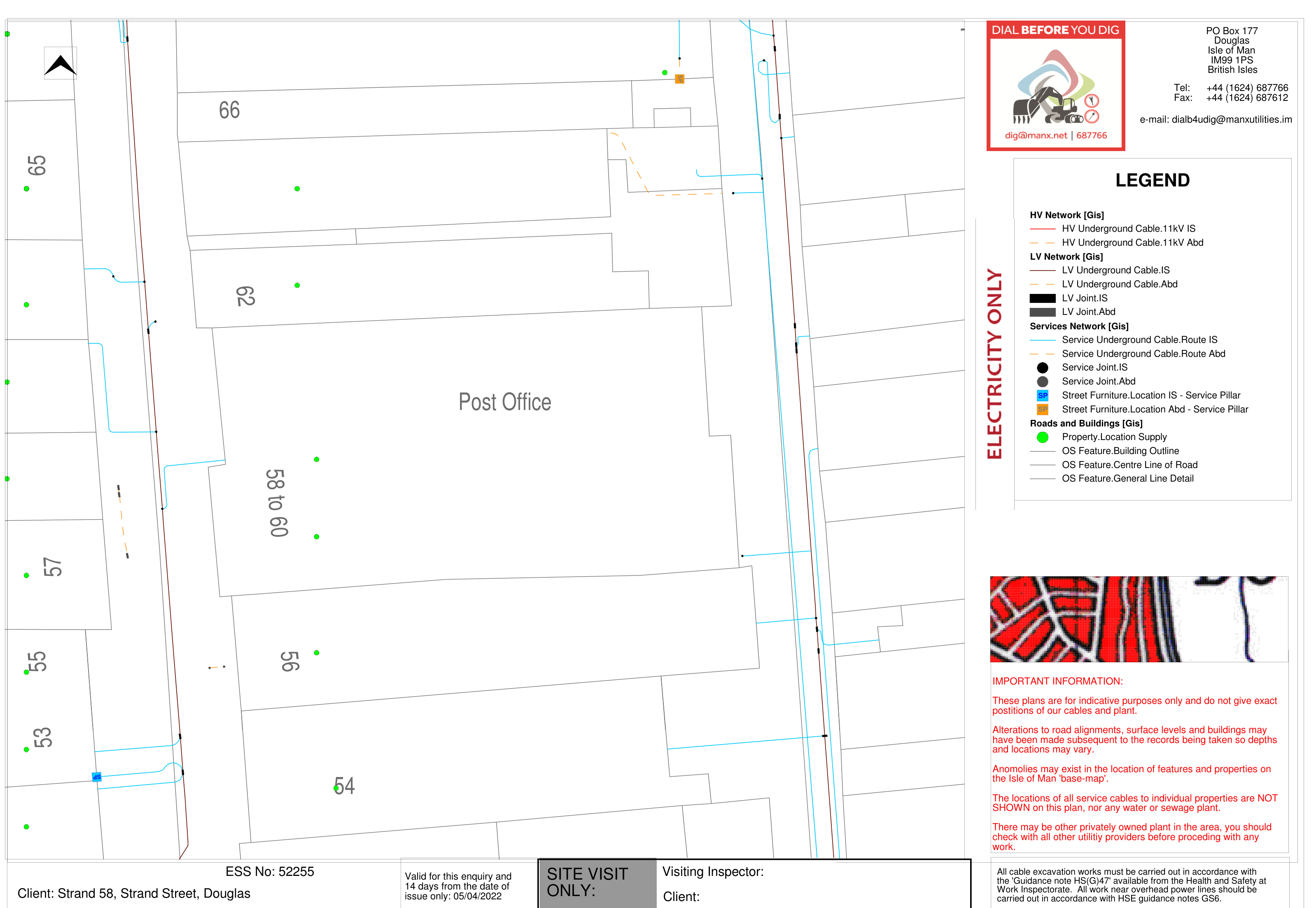 A utility search map showing property boundaries, plot numbers, and underground electricity cable routes for a site in Douglas.