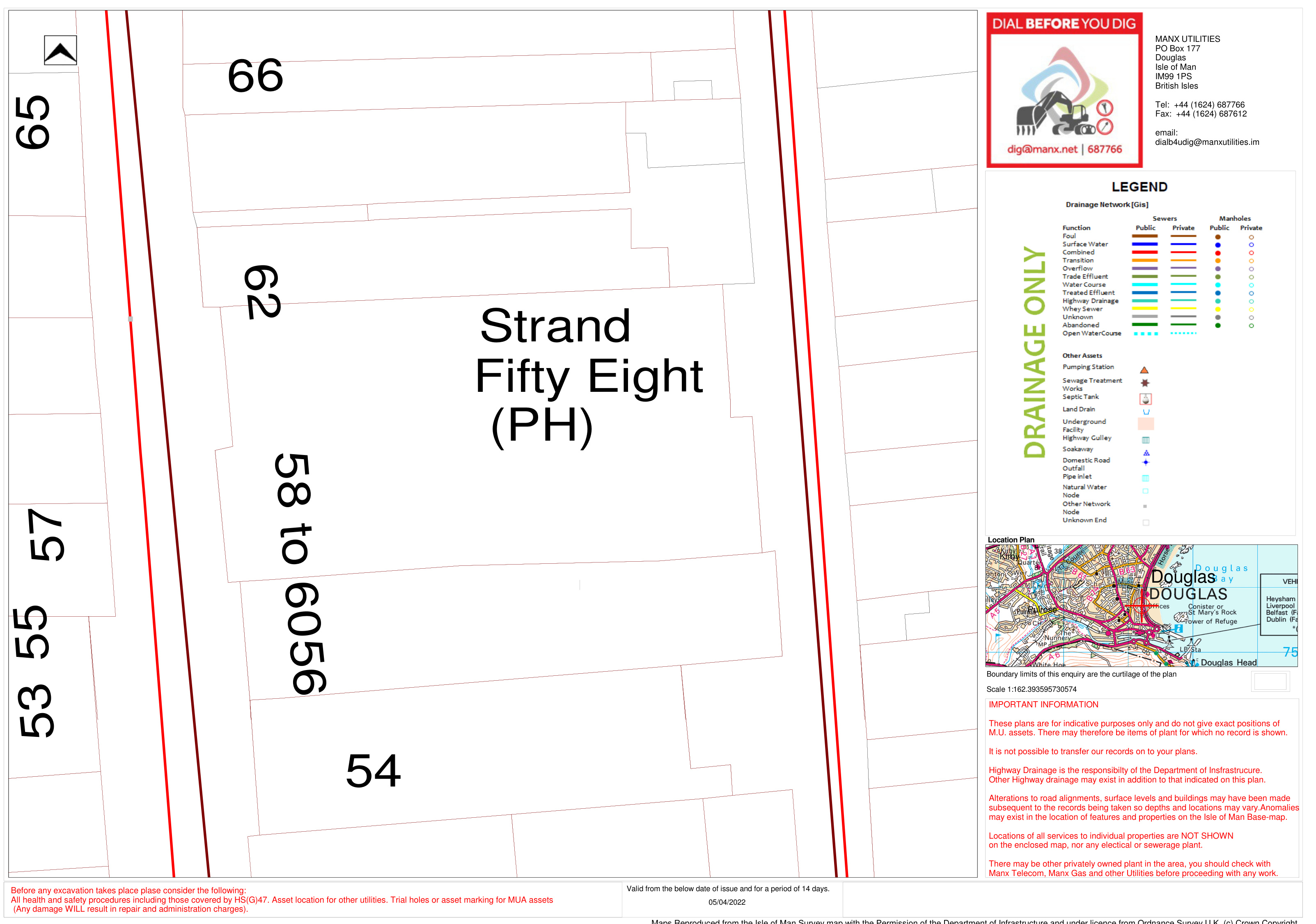 This image shows a site plan with property boundaries numbered 54 to 66, labeled 'Strand Fifty Eight (PH)', alongside a 'Dial Before You Dig' utility legend and a small location map inset.
