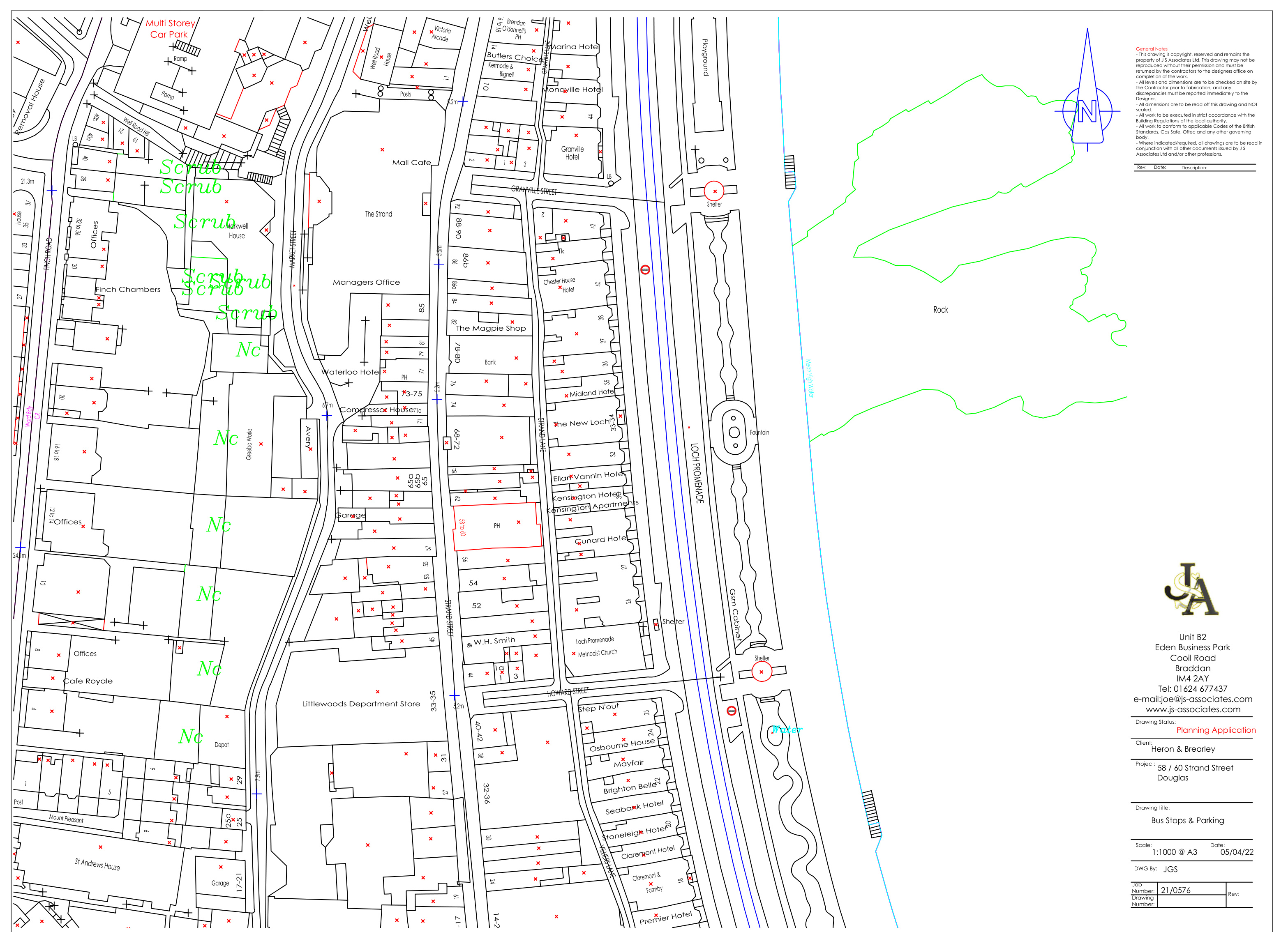 A 1:1000 scale site plan showing the location of 58/60 Strand Street in Douglas, highlighting surrounding commercial buildings, bus stops, and parking areas.