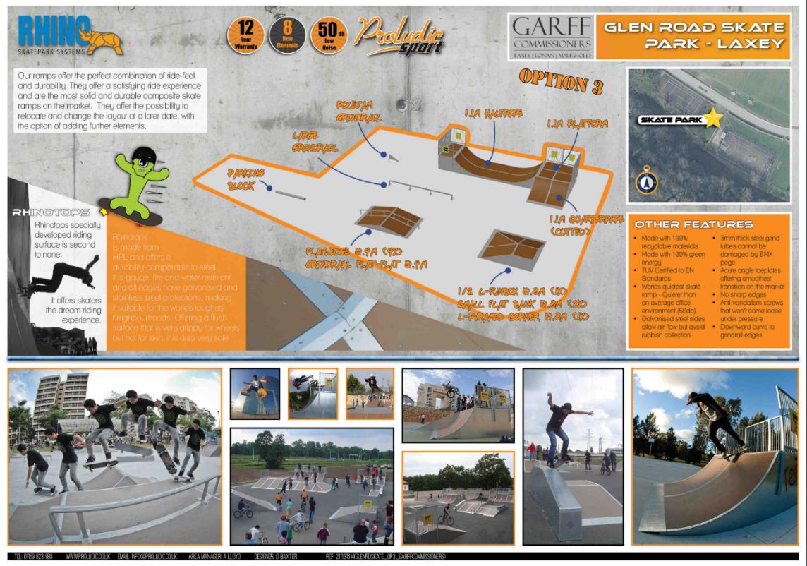 A design proposal sheet for a skate park featuring a layout diagram labeled 'Option 3', a location map, and reference photographs.