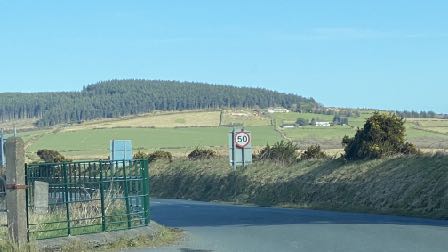 A photograph showing a rural road scene with a green metal gate in the foreground and a large coniferous forest covering a hill in the background.