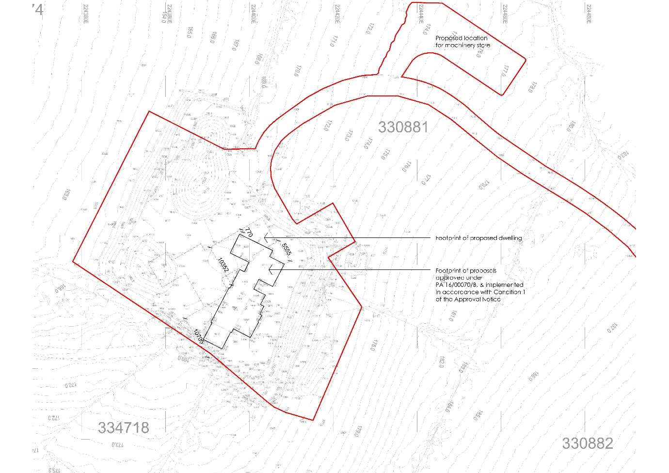 A topographical site plan showing the red property boundary and black outlines for a proposed dwelling footprint and a machinery store on a sloping site.