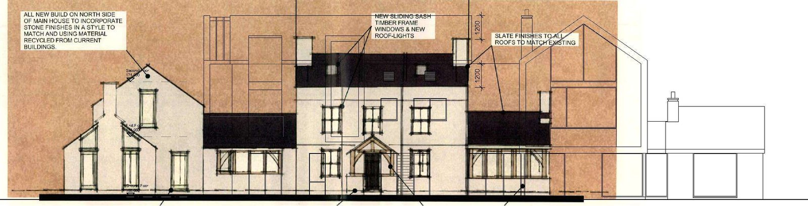 Architectural elevation drawing of a proposed replacement detached house with detailed annotations on materials and fenestration.