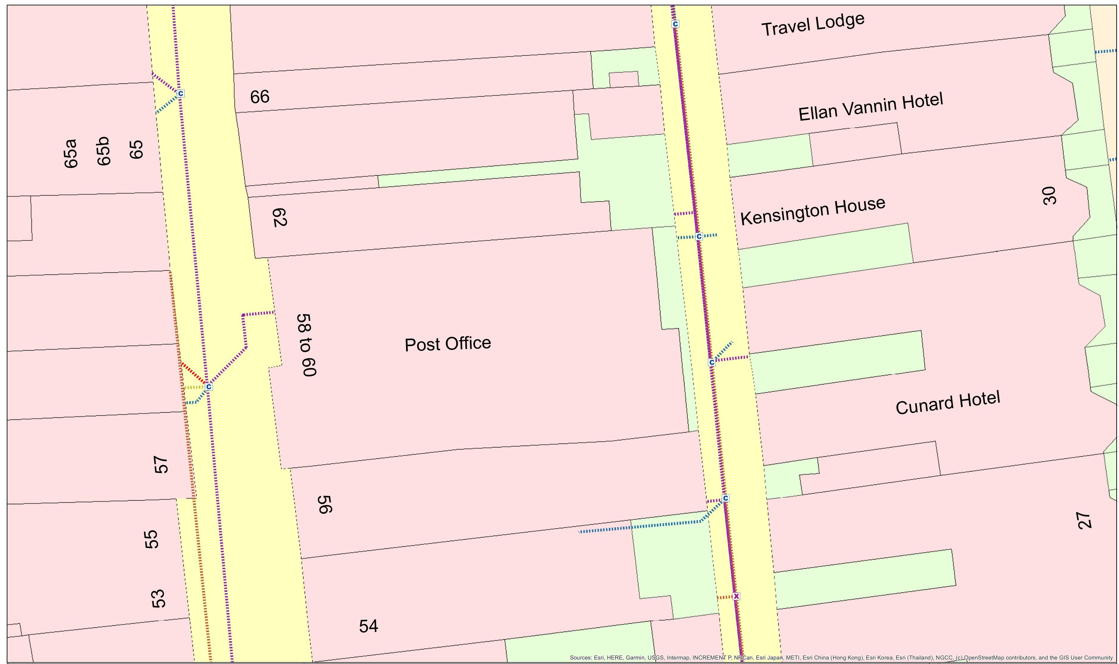 A site location map displaying property boundaries, street numbers, and building names including a Post Office and several hotels.
