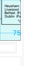 A cropped section of a location map displaying text labels for cities and ports including Heysham, Liverpool, Belfast, and Dublin, alongside a blue shaded area with the number 75.