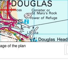 A location map showing the Douglas area in the Isle of Man, highlighting landmarks like the Tower of Refuge and Douglas Head.