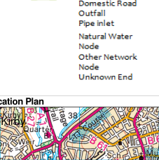 The image displays a location plan map extract featuring a legend for infrastructure elements like roads and drainage pipes.