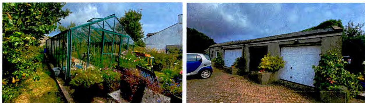 A split image showing a long greenhouse structure in a garden on the left and a concrete garage with roller doors and a parked car on the right.
