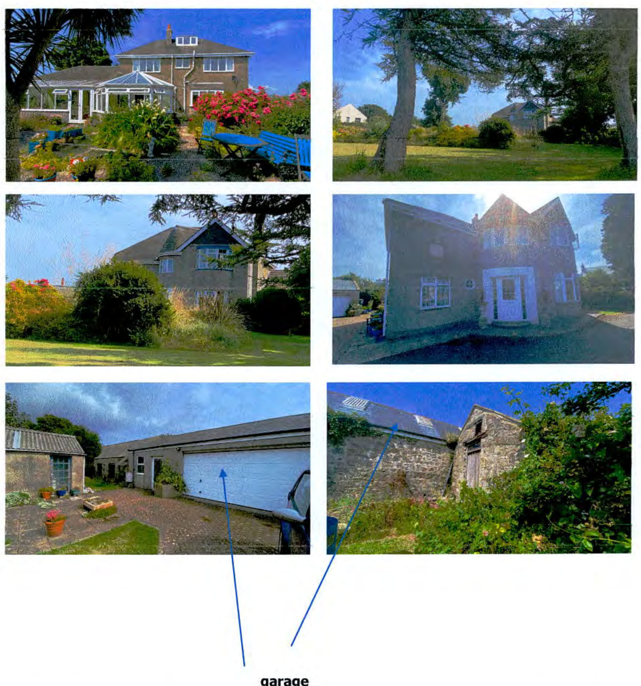A composite sheet of photographs showing the exterior of a house, garden, and outbuildings including a garage and stone structure.