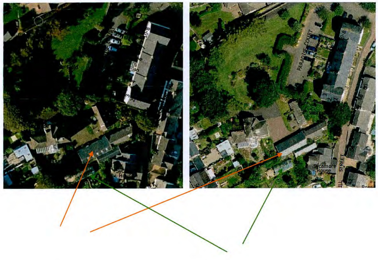 Two side-by-side aerial photographs of a rural residential area annotated with orange and green arrows pointing to specific properties and boundaries.