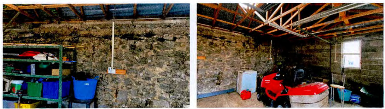 Interior photographs of a stone-walled outbuilding featuring wooden roof trusses, shelving units, and a ride-on lawnmower.