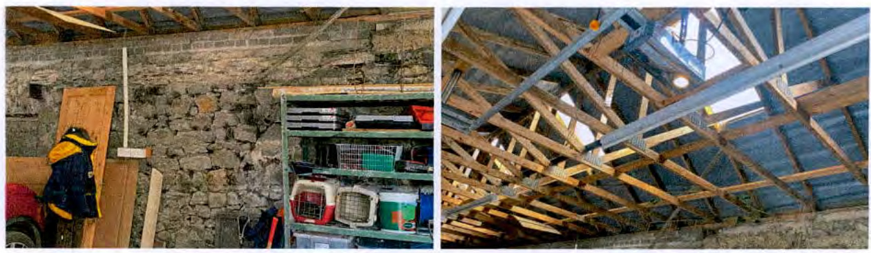 A composite image showing the interior of a building with rough stone walls and storage shelves on the left, and an exposed timber roof structure on the right.