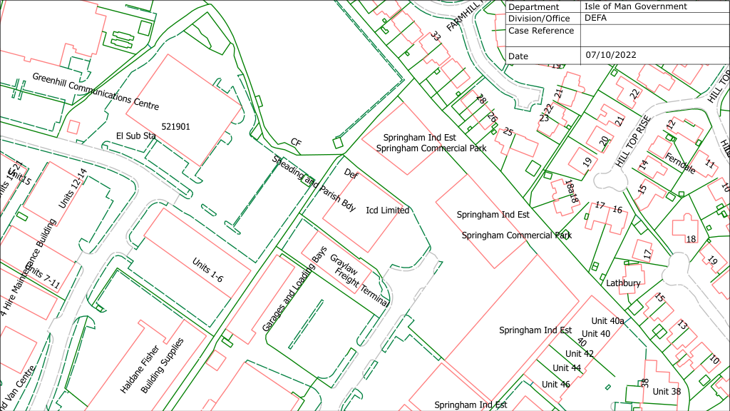 A site plan map showing the Springham Industrial Estate and Commercial Park with property boundaries, road names, and unit numbers.