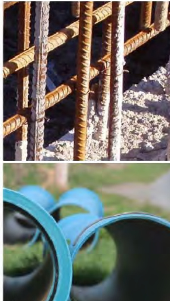 A composite image showing construction materials, specifically rusty steel reinforcement bars and blue plastic drainage pipes.