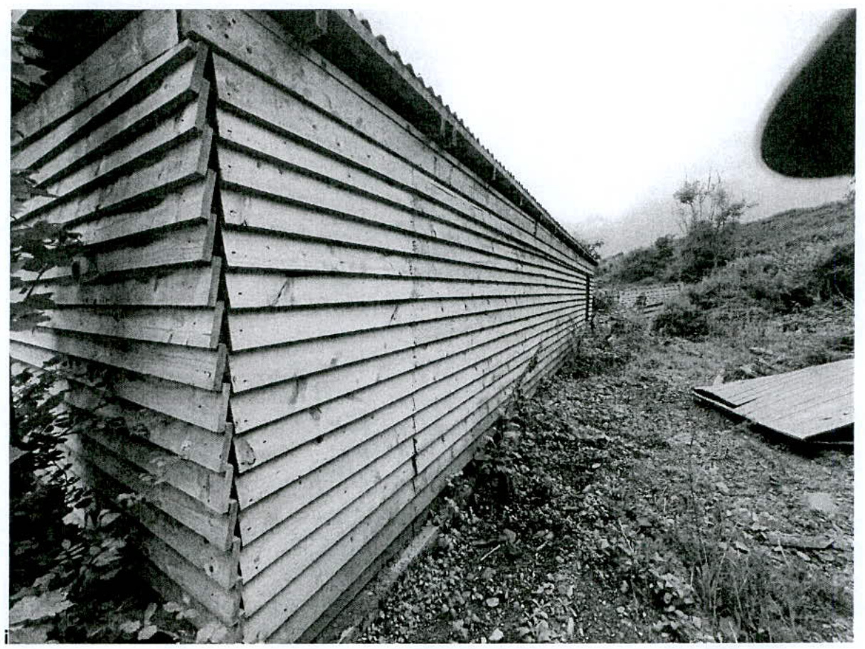 Black and white photograph showing the side elevation of a wooden agricultural building with horizontal cladding situated on a sloping site.