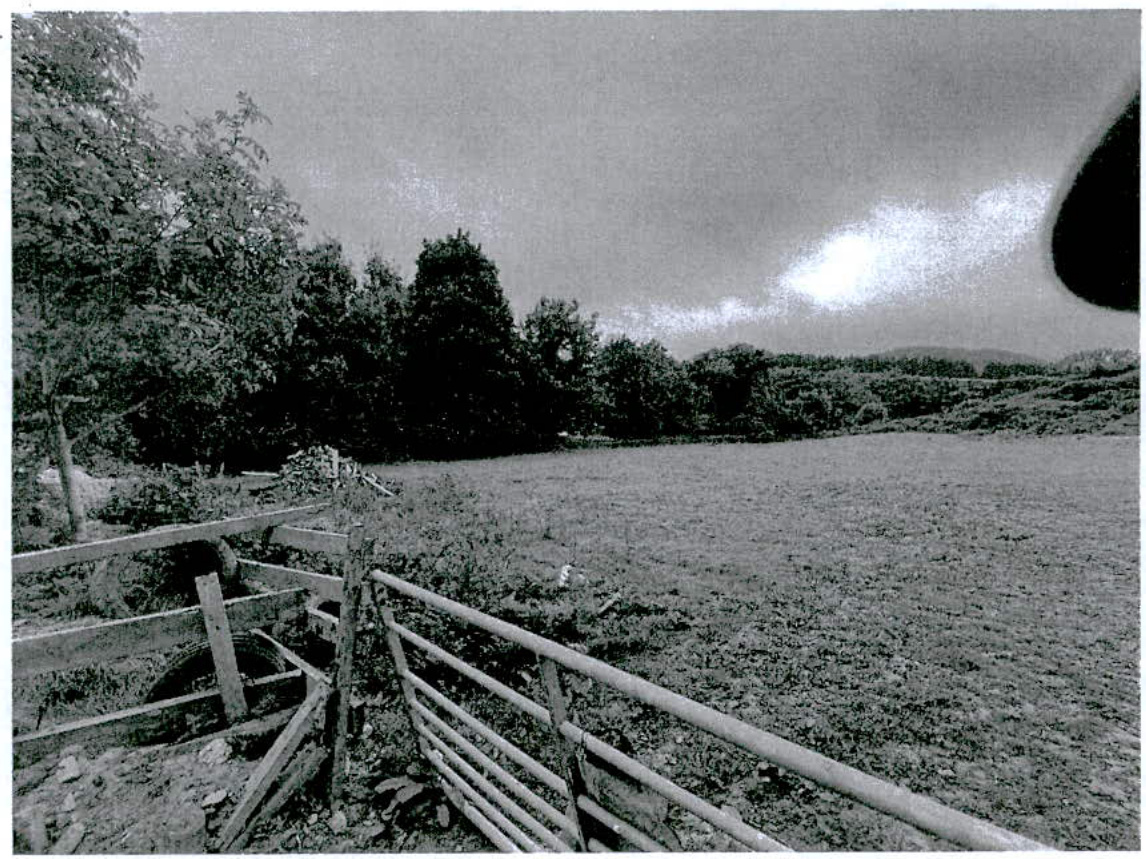 A black and white photograph showing a rural field with a metal gate and wooden fence in the foreground.