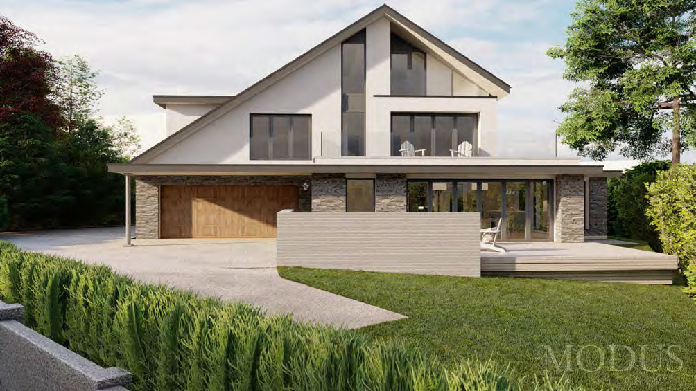 A photorealistic 3D rendering showing the proposed elevation of a modern two-story detached house with an attached garage and driveway.