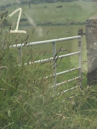 A photograph showing a metal field gate and stone pillar in a grassy area, likely representing the proposed new access point mentioned in the application.