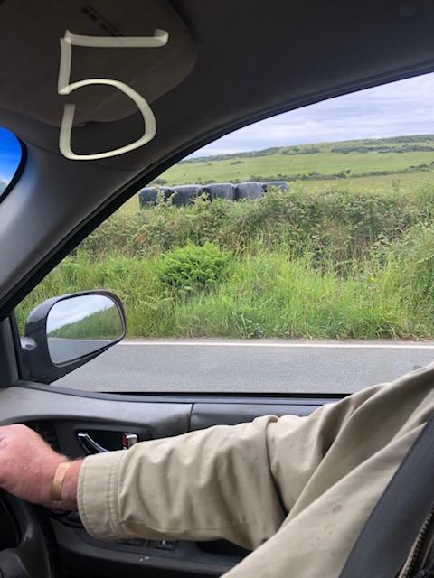 A view from inside a vehicle looking out onto a rural agricultural field with large wrapped hay bales and rolling green hills.