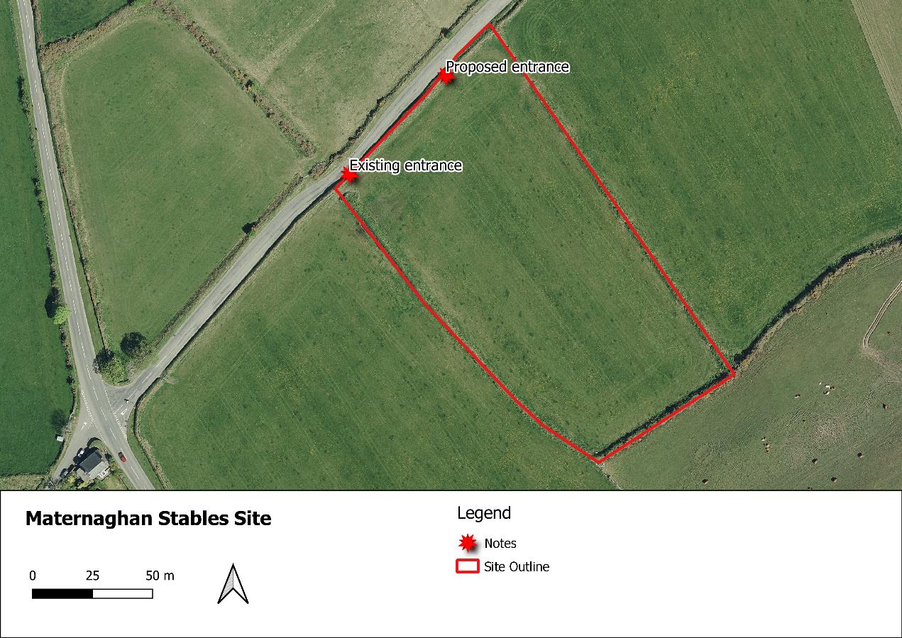 An aerial site plan showing a green field outlined in red with labels indicating proposed and existing entrances from a road.