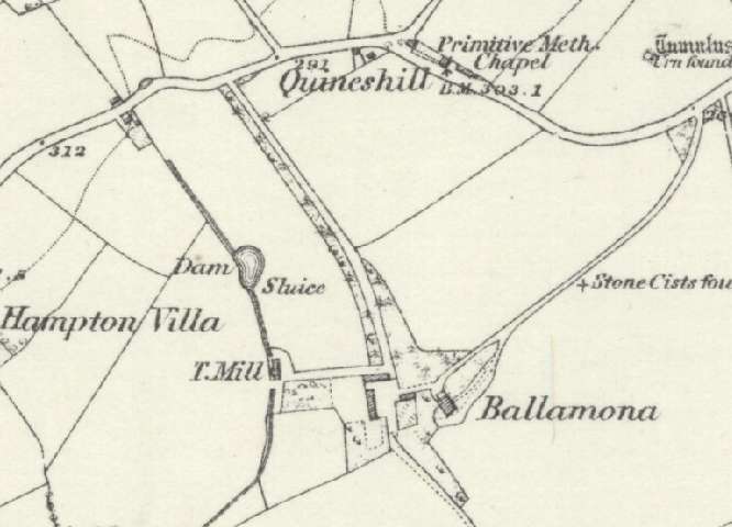 A historical map extract showing the site location and surrounding rural area, including nearby landmarks like Hampton Villa and Ballamona.
