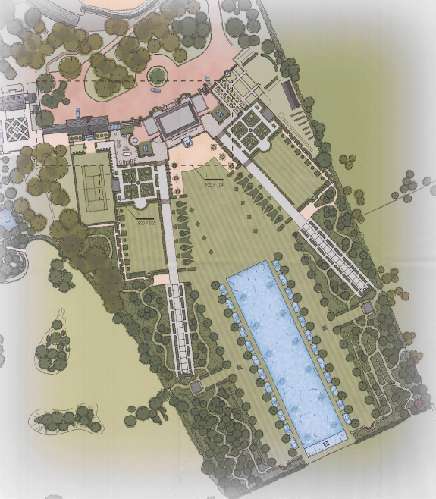 A colored site plan illustrating the layout of a property featuring a large natural swimming pool, tennis court, and extensive landscaping.