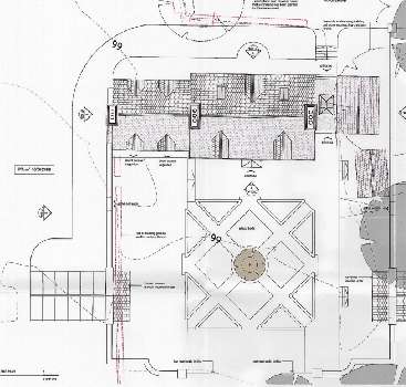 Architectural site plan showing the property layout with a driveway, building footprint, and landscaping features including a natural swimming pool.