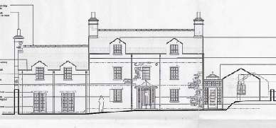 Architectural elevation drawing showing the front facade of a large detached house with attached and detached structures.