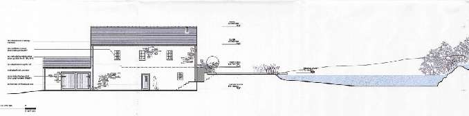 This is an architectural section drawing showing a two-story house with an attached garage and a natural swimming pool in the garden.