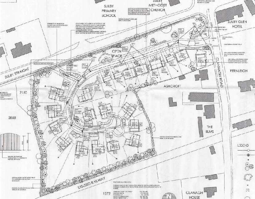 A black and white site plan illustrating a proposed housing development layout, featuring new dwelling footprints, a designated public open space, and surrounding existing structures like a school and church.