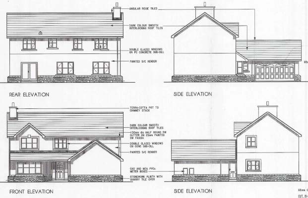 Architectural elevation drawings displaying the front, rear, and side views of a proposed two-story dwelling with detailed material notes.