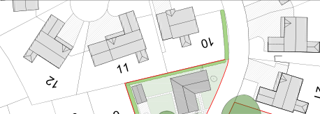 A site plan showing the layout of existing properties numbered 10, 11, and 12 alongside a proposed development area with green landscaping.