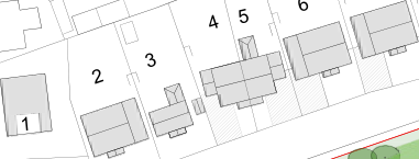A technical site plan displaying numbered building footprints and land boundaries, likely illustrating a sequence of plots or structures.