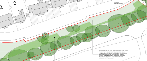 A site plan showing proposed building footprints and a designated public open space with tree planting.