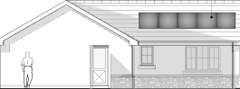 An architectural elevation drawing of a single-story dwelling featuring a pitched roof section and a flat roof area with solar panels, including a human figure for scale.