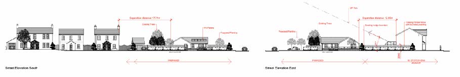 Architectural street elevation drawings labeled 'Street Elevation South' and 'Street Elevation East' showing existing buildings, trees, and proposed structures with dimensional annotations.