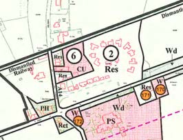 A site plan showing land use designations such as residential (Res) and woodland (Wd) with numbered zones and boundary lines.
