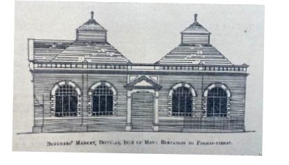 An architectural elevation drawing of the historic Douglas Market building, featuring two domed structures and arched windows.