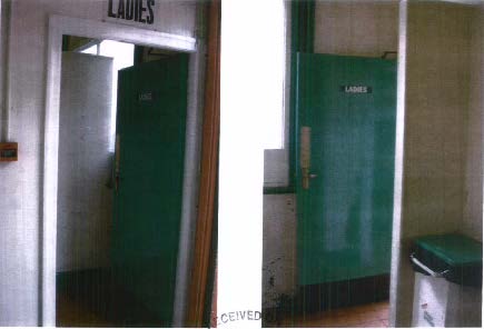 An interior photograph showing two entrances to a ladies' toilet, one with a sign above the frame and another with a green door.