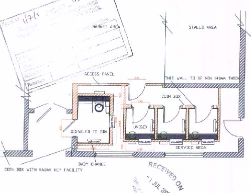 This image displays a technical architectural floor plan detailing a service area layout, including disabled toilet facilities, a coin box, and access panels.