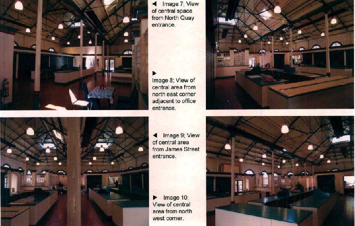 A document page displaying four existing condition photographs of a large interior space with high arched ceilings and timber supports.
