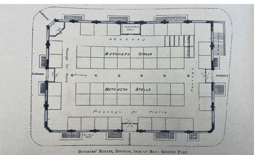The image displays a historical architectural ground plan of the Butchers' Market in Douglas, Isle of Man, detailing the layout of stalls, public passages, and a counters office.