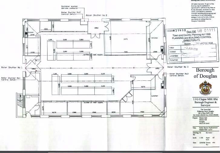 Architectural floor plan showing the interior layout of a commercial unit with a coffee counter, kitchen, and roller shutters.